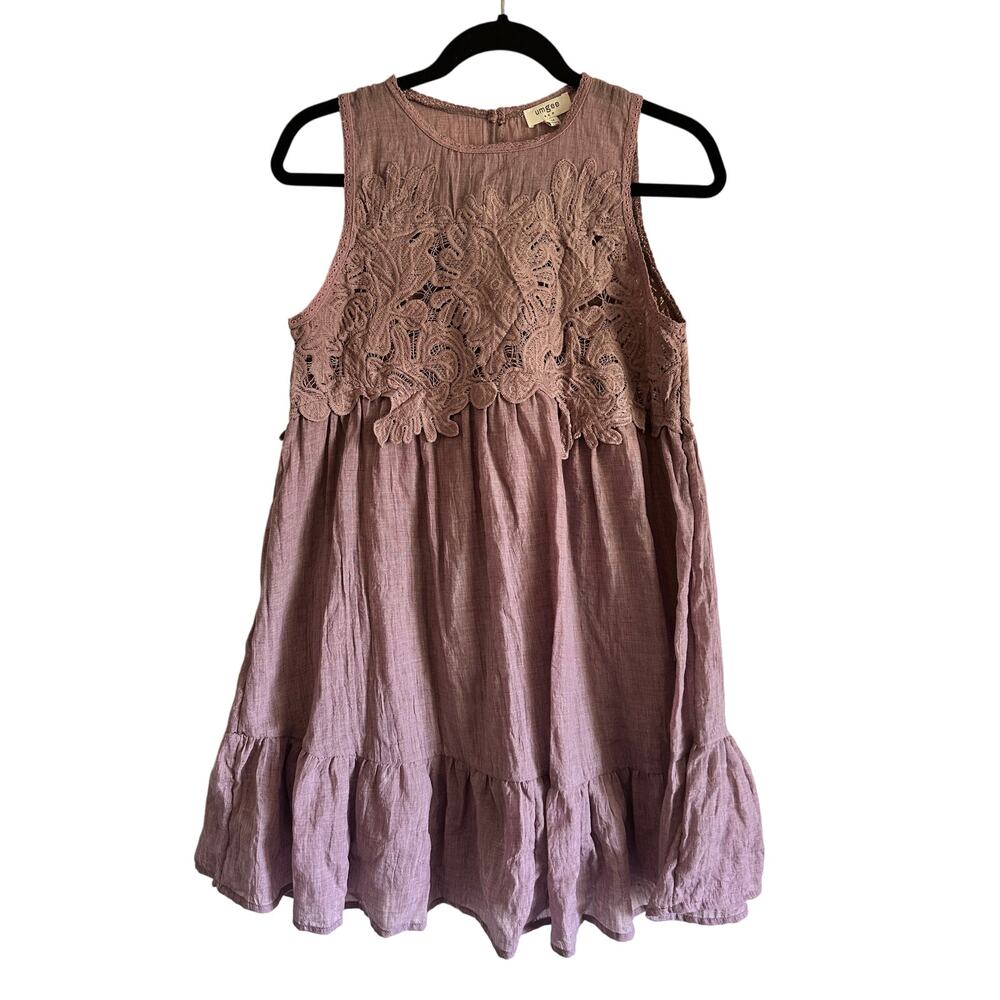 Umgee Women’s Boho Embroidered Lace Cotton Mini-Dress Sleeveless Lavender Size M